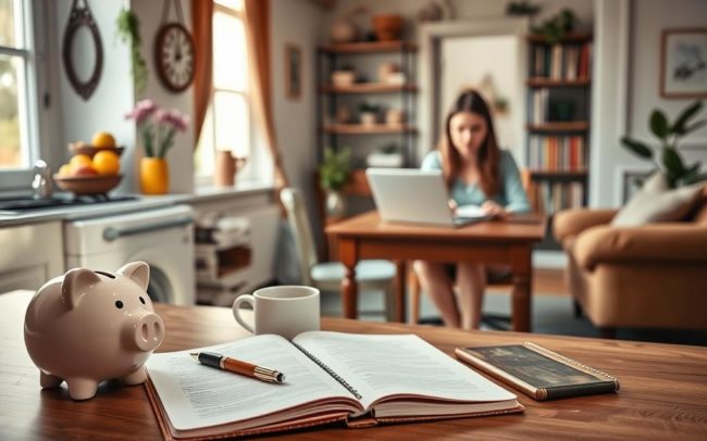 Domestic economy: a quaint kitchen scene with natural lighting and a warm, inviting atmosphere. In the foreground, an open notebook with a pen, a piggy bank, and a cup of coffee, symbolizing budgeting and financial planning. In the middle ground, a woman sitting at a table, concentrating on her laptop, surrounded by various household items like a fruit bowl, a vase of flowers, and a potted plant, reflecting the idea of mindful spending and cost-cutting. In the background, a cozy living room with bookshelves and a comfortable armchair, suggesting a sense of stability and control over one's finances.
