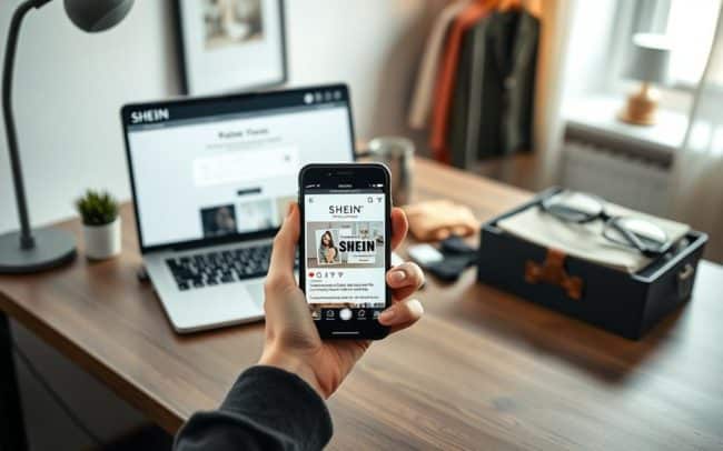 A beautifully arranged desk scene featuring a modern laptop displaying the SHEIN review submission page, highlighting the process of earning rewards. In the foreground, an elegant hand holding a smartphone, showing a SHEIN product review. The middle ground features neatly organized SHEIN merchandise, like clothing and accessories, artfully placed to catch the eye. The background includes a minimalist decor, with soft lighting emanating from a nearby window, creating a warm and inviting atmosphere. The overall mood is motivating and encouraging, inspiring viewers to participate in the review process. A shallow depth of field focuses on the review submission, while the desk's clean lines and organized layout convey professionalism.