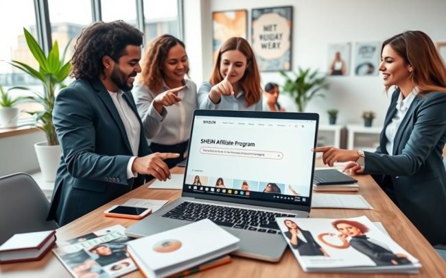 A professional workspace featuring a laptop open to the SHEIN affiliate program webpage, with an affiliate link highlighted. In the foreground, a diverse group of three individuals, dressed in smart casual attire, are engaged in a discussion, pointing at the screen with enthusiasm. The middle ground displays a stylish desk cluttered with marketing materials, business cards, and a trendy SHEIN product catalog. The background showcases a bright, modern office environment with large windows letting in natural light, plants, and motivational posters. The overall mood is collaborative and upbeat, conveying a sense of opportunity and professionalism, captured with a warm, inviting lighting effect. The angle is slightly above eye level, focusing on the interaction among the people and the screen.