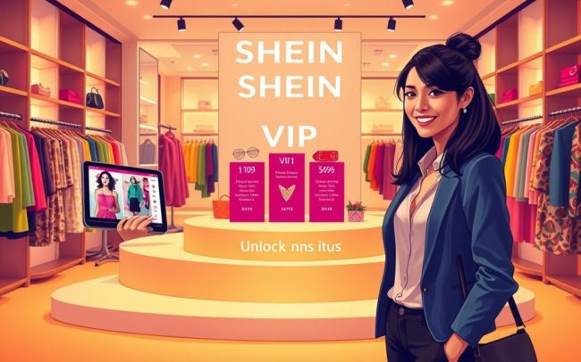 A vibrant and engaging illustration representing the SHEIN VIP program. In the foreground, a fashionable young woman is elegantly dressed in business casual attire, smiling as she interacts with a digital tablet displaying glamorous clothing collections. The middle ground features a stylish podium showcasing different VIP levels, each level adorned with chic accessories and vibrant textiles that reflect SHEIN’s trendy aesthetic. The background is a softly lit boutique setting, filled with colorful clothing racks and stylish displays, hinting at exclusivity. Warm lighting creates an inviting atmosphere, emphasizing the excitement of unlocking VIP status. The angle captures the dynamism of the scene, making the viewer feel connected to the world of fashion and membership benefits.