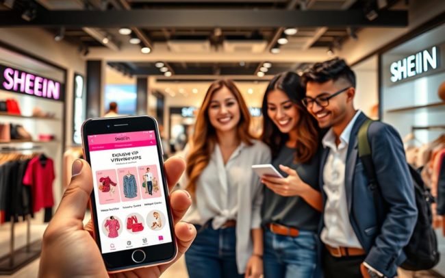 A vibrant and engaging scene illustrating the SHEIN VIP Program. In the foreground, a mobile device displaying a visually appealing app interface showcasing exclusive VIP offers and rewards, surrounded by chic clothing items like stylish tops and accessories. In the middle ground, a diverse group of three individuals dressed in smart casual attire, smiling and interacting with the app, their excitement conveying the benefits of the VIP program. The background features a stylish, well-lit modern retail environment with colorful SHEIN branding and elegant displays of fashion items. Soft, warm lighting enhances the inviting atmosphere, while a shallow depth of field focuses on the people and mobile device, creating a sense of connection and engagement. The overall mood is optimistic and rewarding, highlighting loyalty and customer appreciation.